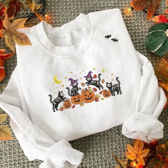 Embroidered Skeleton Cat Pumpkin Shirt Halloween Gift for Pet Fans