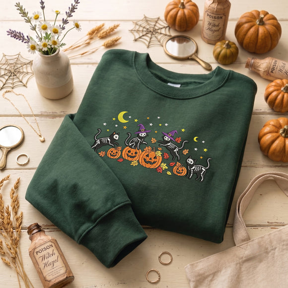 Embroidered Skeleton Cat Pumpkin Shirt Halloween Gift for Pet Fans