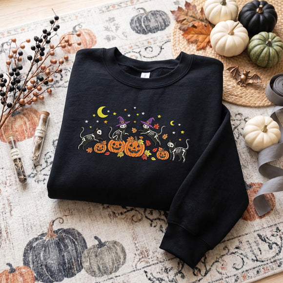 Embroidered Skeleton Cat Pumpkin Shirt Halloween Gift for Pet Fans