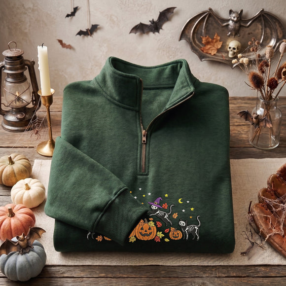 Embroidered Skeleton Cat Pumpkin Shirt Halloween Gift for Pet Fans