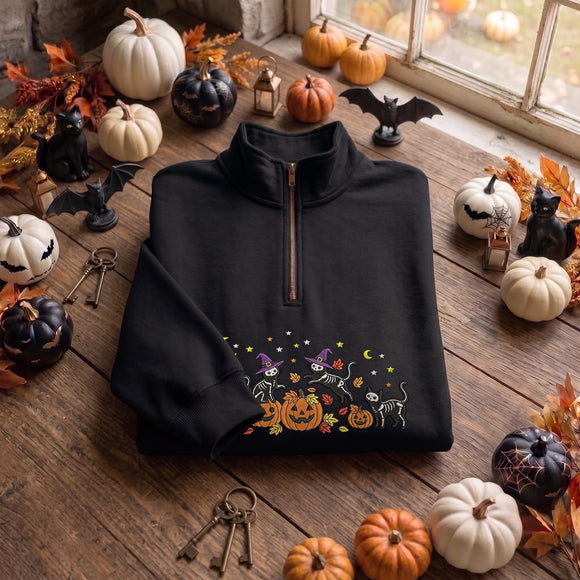 Embroidered Skeleton Cat Pumpkin Shirt Halloween Gift for Pet Fans