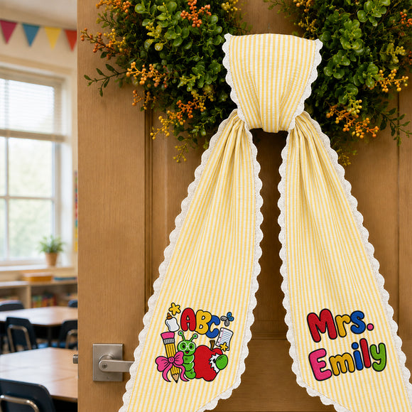 Personalized Teacher Wreath Sash Gingham Lace Classroom Decor Ribbon