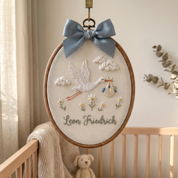 Personalized Stork Baby Hoop Embroidered Name Nursery Wall Art Gift