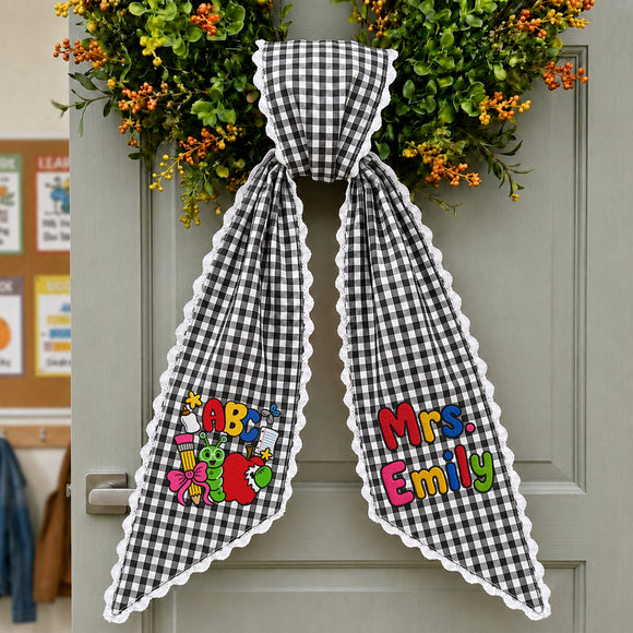 Personalized Teacher Wreath Sash Gingham Lace Classroom Decor Ribbon