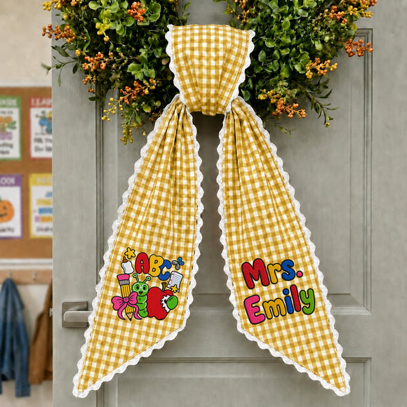 Personalized Teacher Wreath Sash Gingham Lace Classroom Decor Ribbon