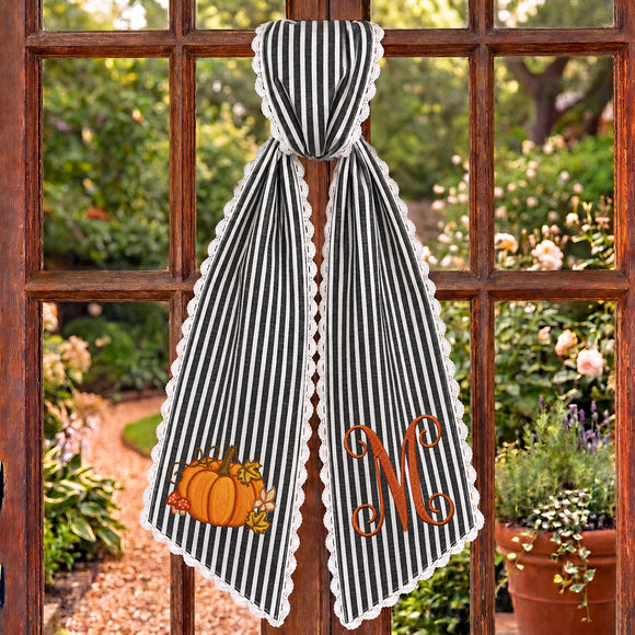 Custom Monogram Fall Pumpkin Stripe Wreath Sash Front Door Decor Host Gift