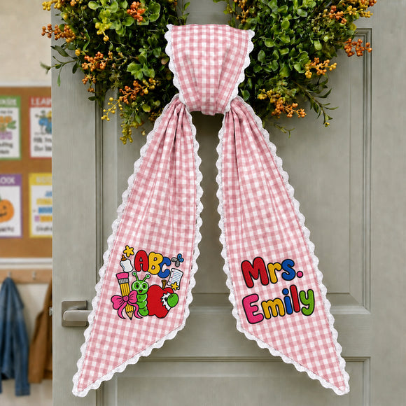 Personalized Teacher Wreath Sash Gingham Lace Classroom Decor Ribbon