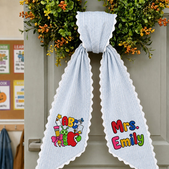 Personalized Teacher Wreath Sash Gingham Lace Classroom Decor Ribbon