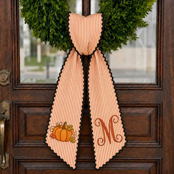 Custom Monogram Fall Pumpkin Stripe Wreath Sash Front Door Decor Host Gift