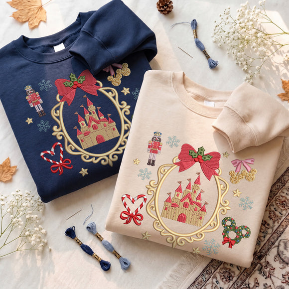 Embroidered Christmas Castle Sweatshirt Magical Holiday Gift Women