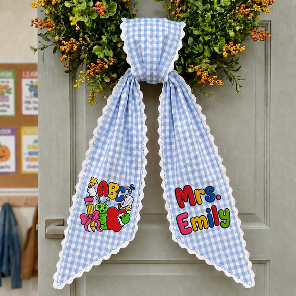 Personalized Teacher Wreath Sash Gingham Lace Classroom Decor Ribbon