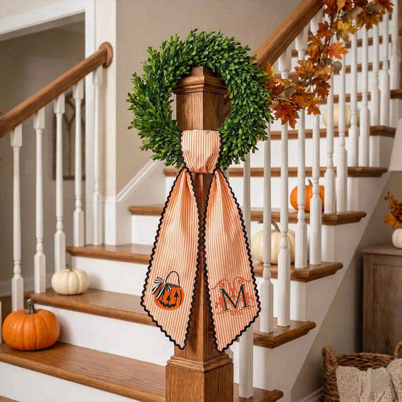 Monogrammed Orange Striped Pumpkin Wreath Sash Decor for Homeowners