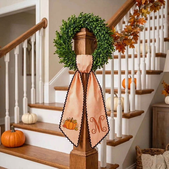 Custom Monogram Fall Pumpkin Stripe Wreath Sash Front Door Decor Host Gift