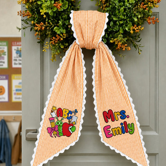 Personalized Teacher Wreath Sash Gingham Lace Classroom Decor Ribbon