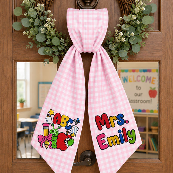 Personalized Teacher Wreath Sash Gingham Lace Classroom Decor Ribbon