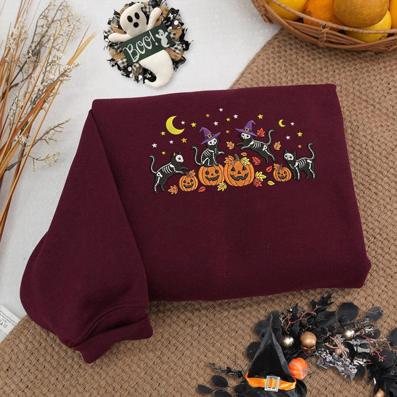 Embroidered Skeleton Cat Pumpkin Shirt Halloween Gift for Pet Fans