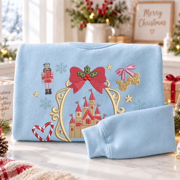 Embroidered Christmas Castle Sweatshirt Magical Holiday Gift Women