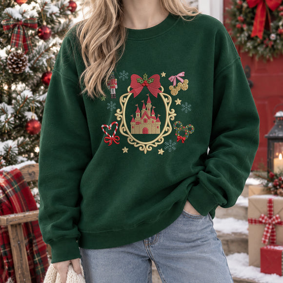 Embroidered Christmas Castle Sweatshirt Magical Holiday Gift Women