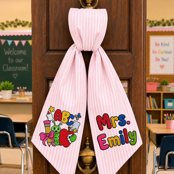 Personalized Teacher Wreath Sash Gingham Lace Classroom Decor Ribbon