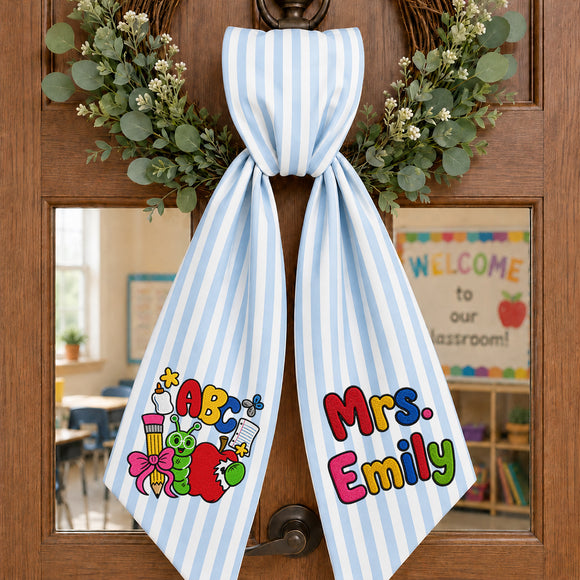 Personalized Teacher Wreath Sash Gingham Lace Classroom Decor Ribbon