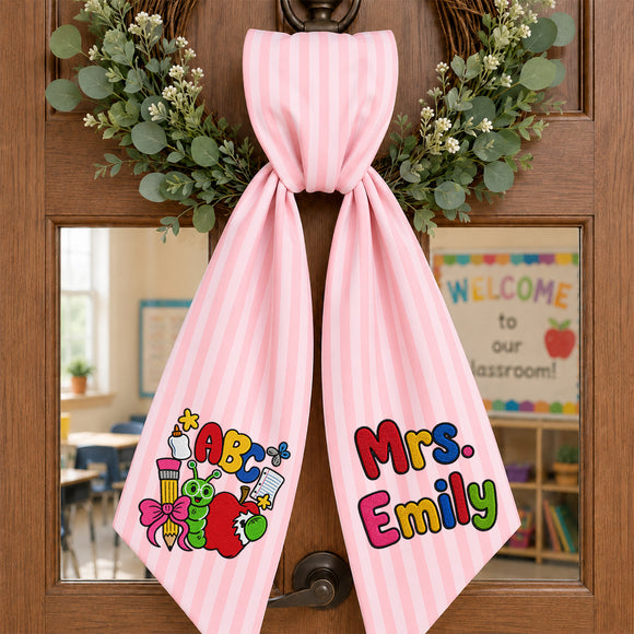 Personalized Teacher Wreath Sash Gingham Lace Classroom Decor Ribbon