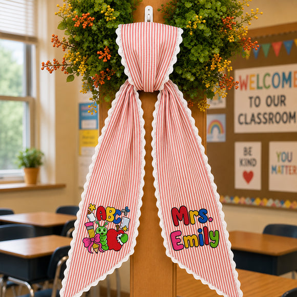 Personalized Teacher Wreath Sash Gingham Lace Classroom Decor Ribbon