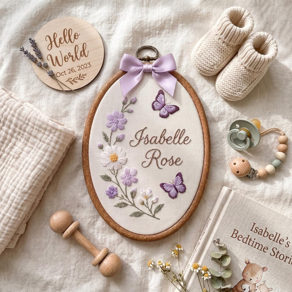 Custom Embroidered Butterfly Floral Hoop Nursery Wall Sign Baby Gift
