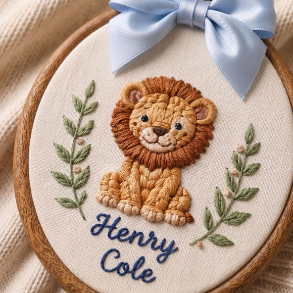 Cute Lion Safari Nursery Wall Sign Custom Baby Name Hoop Decor Gift