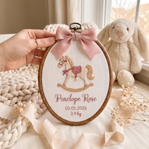 Custom Rocking Horse Embroidered Hoop Baby Girl Nursery Wall Decor