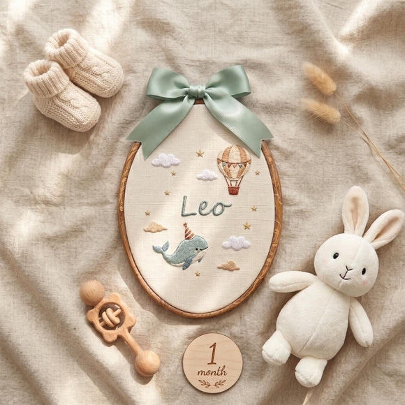 Personalized Whale & Hot Air Balloon Nursery Hoop Wall Art for Baby