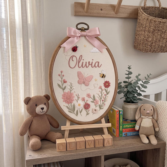 Custom Floral Butterfly Embroidery Hoop Nursery Wall Decor Baby Girl