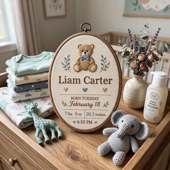Embroidered Teddy Bear Baby Birth Stats Hoop Nursery Decor Gift