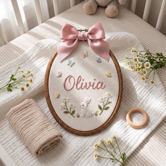 Custom Bunny Floral Embroidered Hoop Nursery Wall Decor Baby Girl Gift