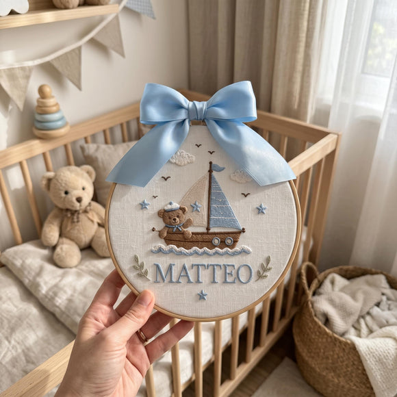 Custom Sailor Teddy Embroidery Hoop Nursery Wall Art Baby Boy Gift