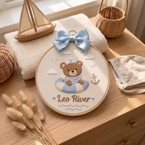 Sailor Teddy Bear Embroidered Hoop Baby Boy Nursery Wall Decor Gift