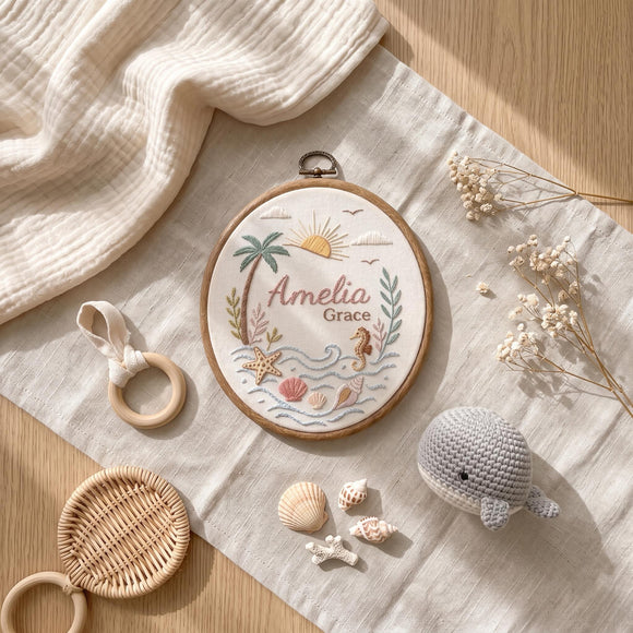 Custom Coastal Ocean Embroidered Hoop Nursery Wall Decor Baby Gift