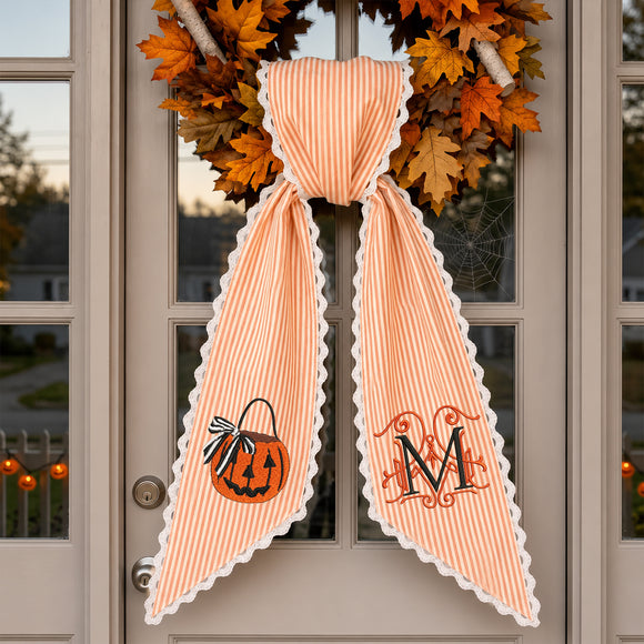 Monogrammed Orange Striped Pumpkin Wreath Sash Decor for Homeowners