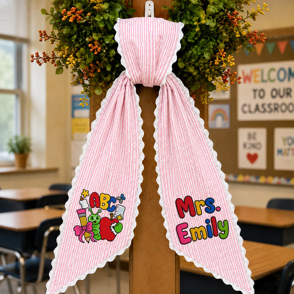 Personalized Teacher Wreath Sash Gingham Lace Classroom Decor Ribbon