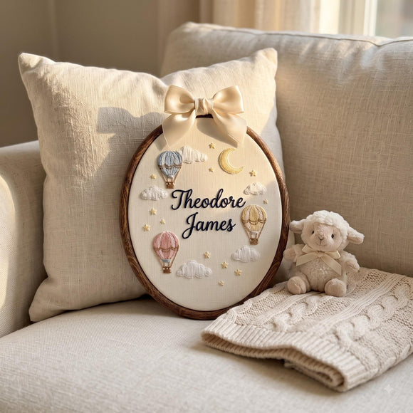 Hot Air Balloon Baby Name Hoop | Nursery Wall Art for Newborns