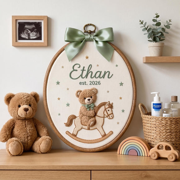 Personalized Teddy Bear Nursery Hoop Hanging Art Baby Boy Gift