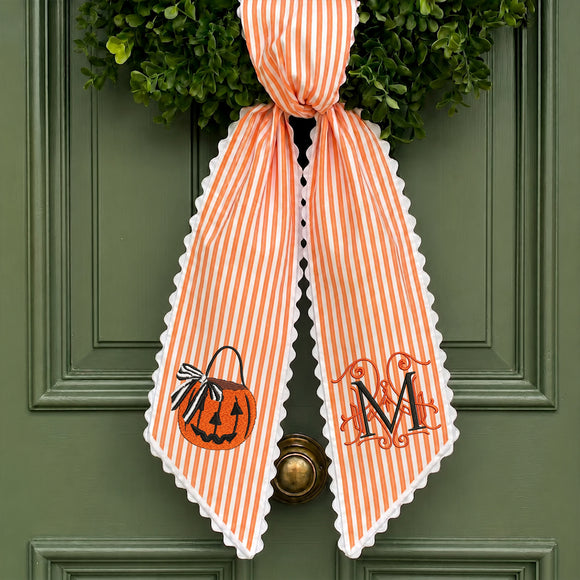 Monogrammed Orange Striped Pumpkin Wreath Sash Decor for Homeowners