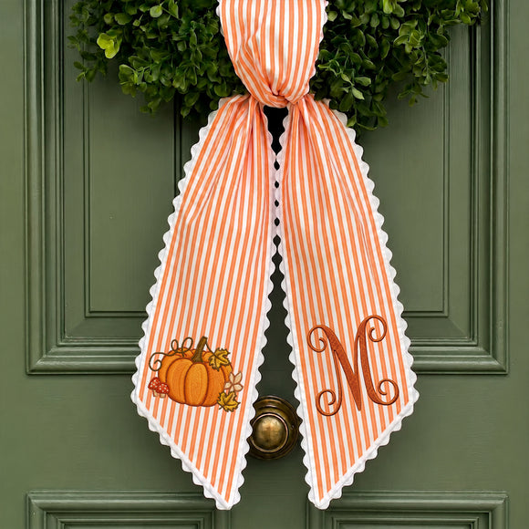 Custom Monogram Fall Pumpkin Stripe Wreath Sash Front Door Decor Host Gift