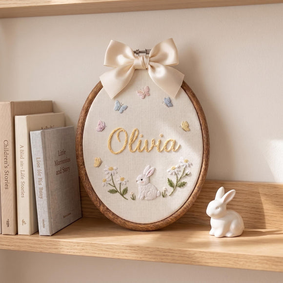 Custom Bunny Floral Embroidered Hoop Nursery Wall Decor Baby Girl Gift