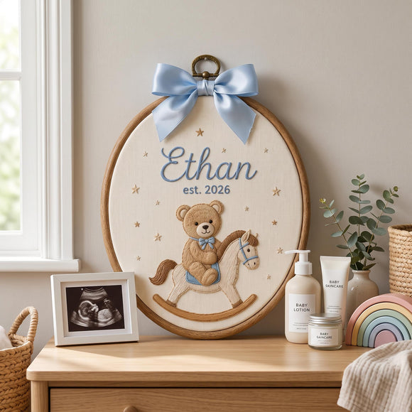 Personalized Teddy Bear Nursery Hoop Hanging Art Baby Boy Gift