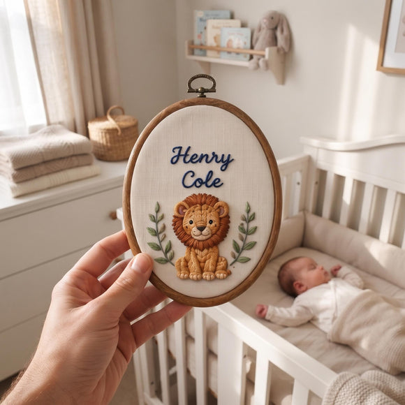 Cute Lion Safari Nursery Wall Sign Custom Baby Name Hoop Decor Gift