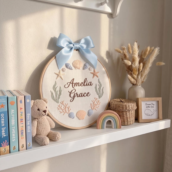 Custom Ocean Nursery Embroidery Hoop Sign Coastal Baby Shower Gift