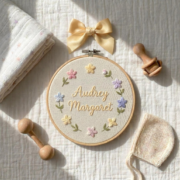 Custom Embroidered Baby Name Hoop Nursery Floral Wall Hanging Gift