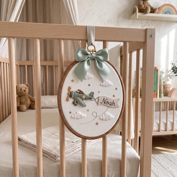Custom Airplane Name Oval Embroidery Hoop Nursery Wall Art Baby Gift