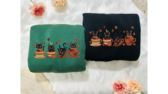 Embroidered Black Cat Teacup Apparel - Cozy Autumn Gift for Pet Lovers