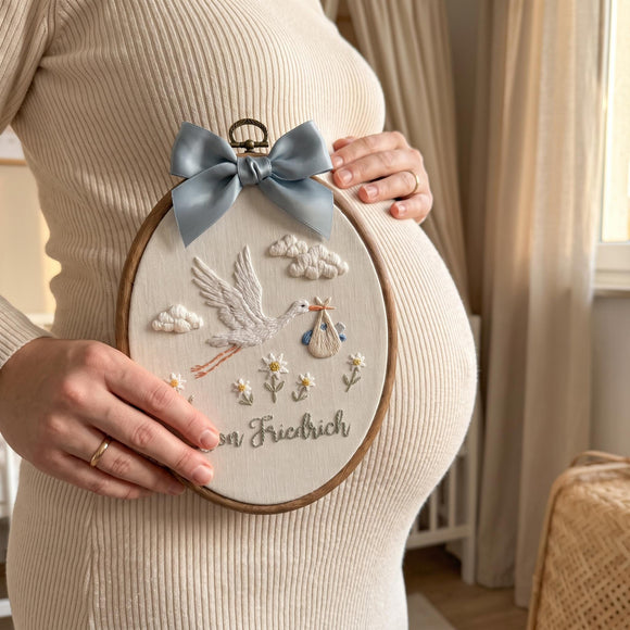 Personalized Stork Baby Hoop Embroidered Name Nursery Wall Art Gift